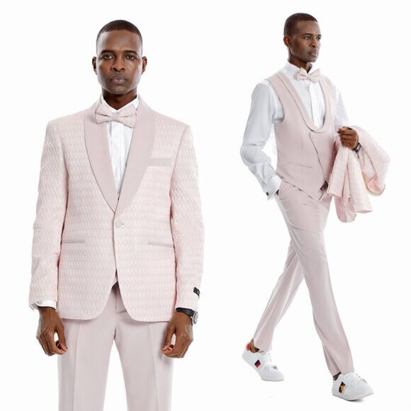 Pink Honey Comb Pattern Shawl Lapel 3 Piece Skinny Fit Tazzio Men's Suit - Picture 2 of 2